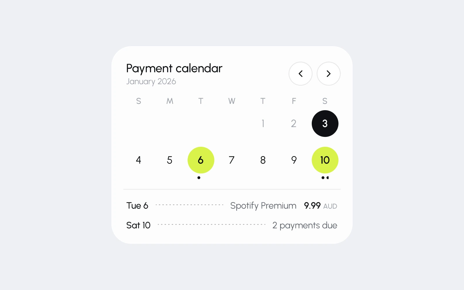 After: the restyled payment calendar: an open grid, today in a black circle, the two due dates in lime, and a dotted list of what is due underneath
