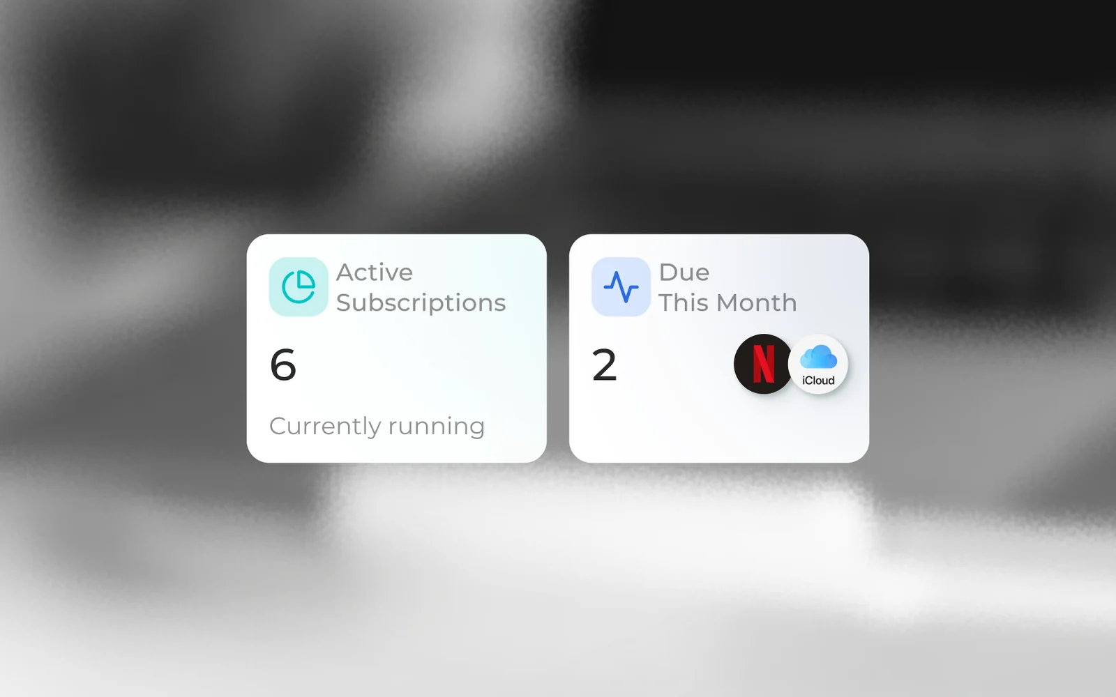 Before: two flat white summary tiles with tinted icon squares over a blurred black-and-white photo