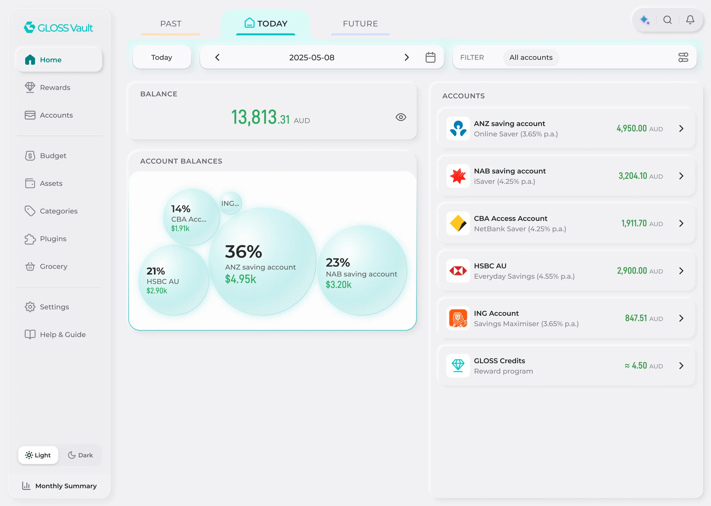Before: the shipped home screen, with a sidebar, the balance in a green card, account bubbles and an account list