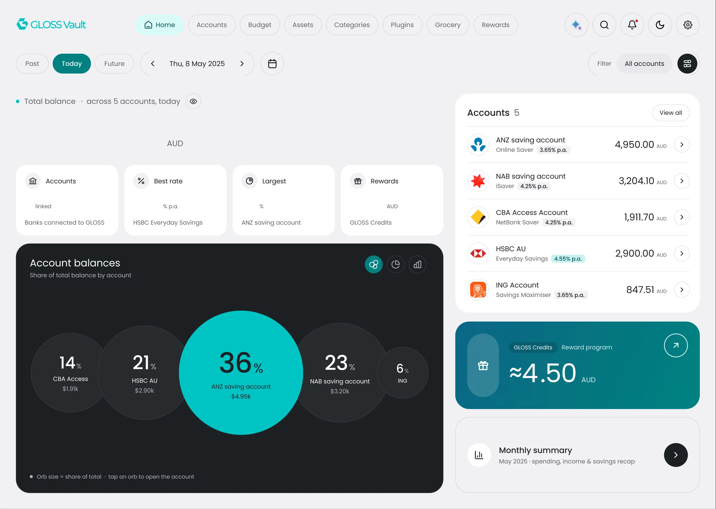 After, flat: the same home screen in GLOSS’s own colours, with white cards on light grey, teal for the selected period and the largest account, a charcoal chart card