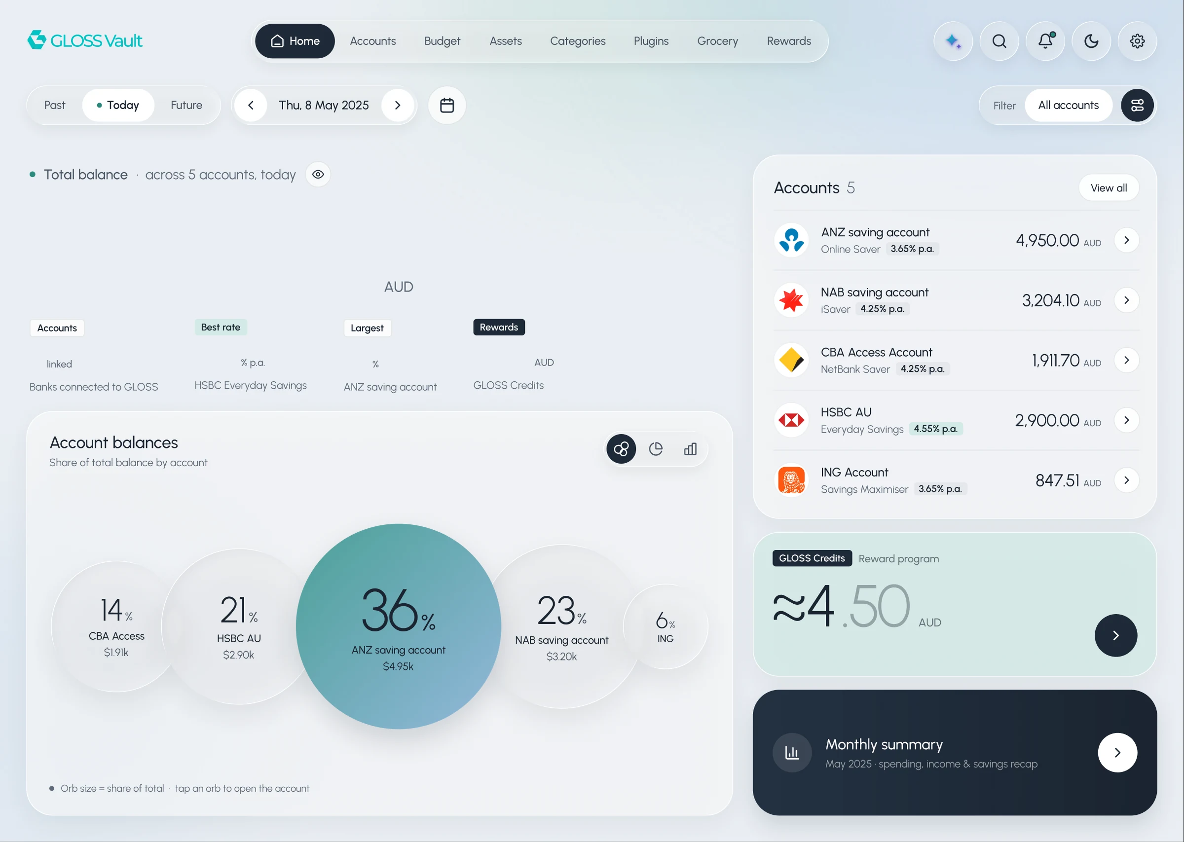 After, liquid glass: the home screen on a pale blue-grey canvas, with frosted white cards, a pill navigation, the balance in thin oversized numerals, five glass orbs for the accounts