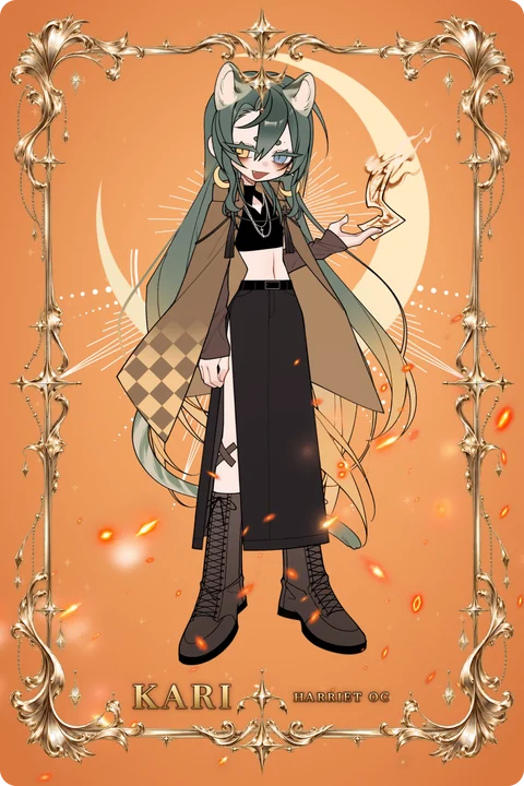 A holographic trading card of Kari: a girl with cat ears and long green hair, a burning card in her hand and a crescent moon behind her, inside an ornate gold frame