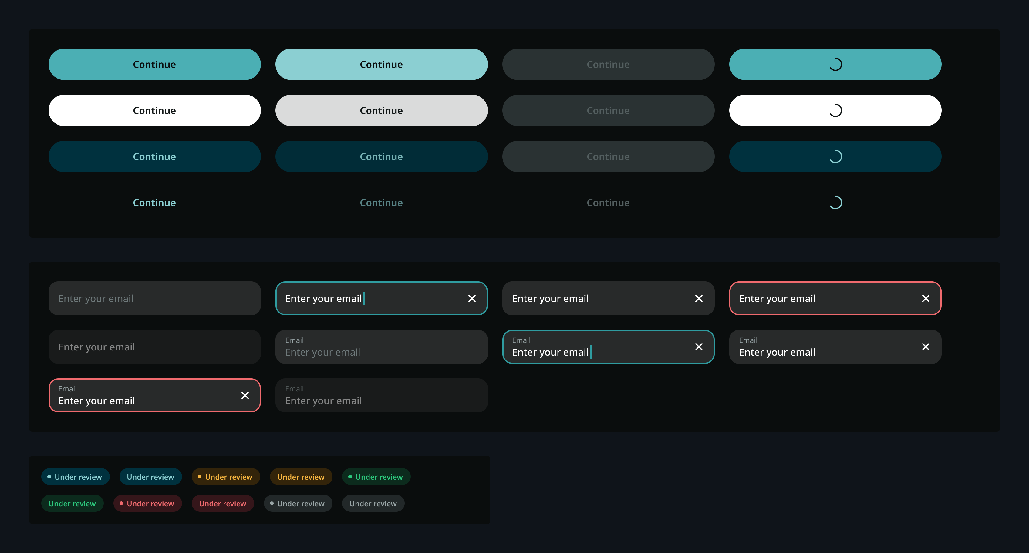 Component sheet: button states, input states and status chips on the dark surface