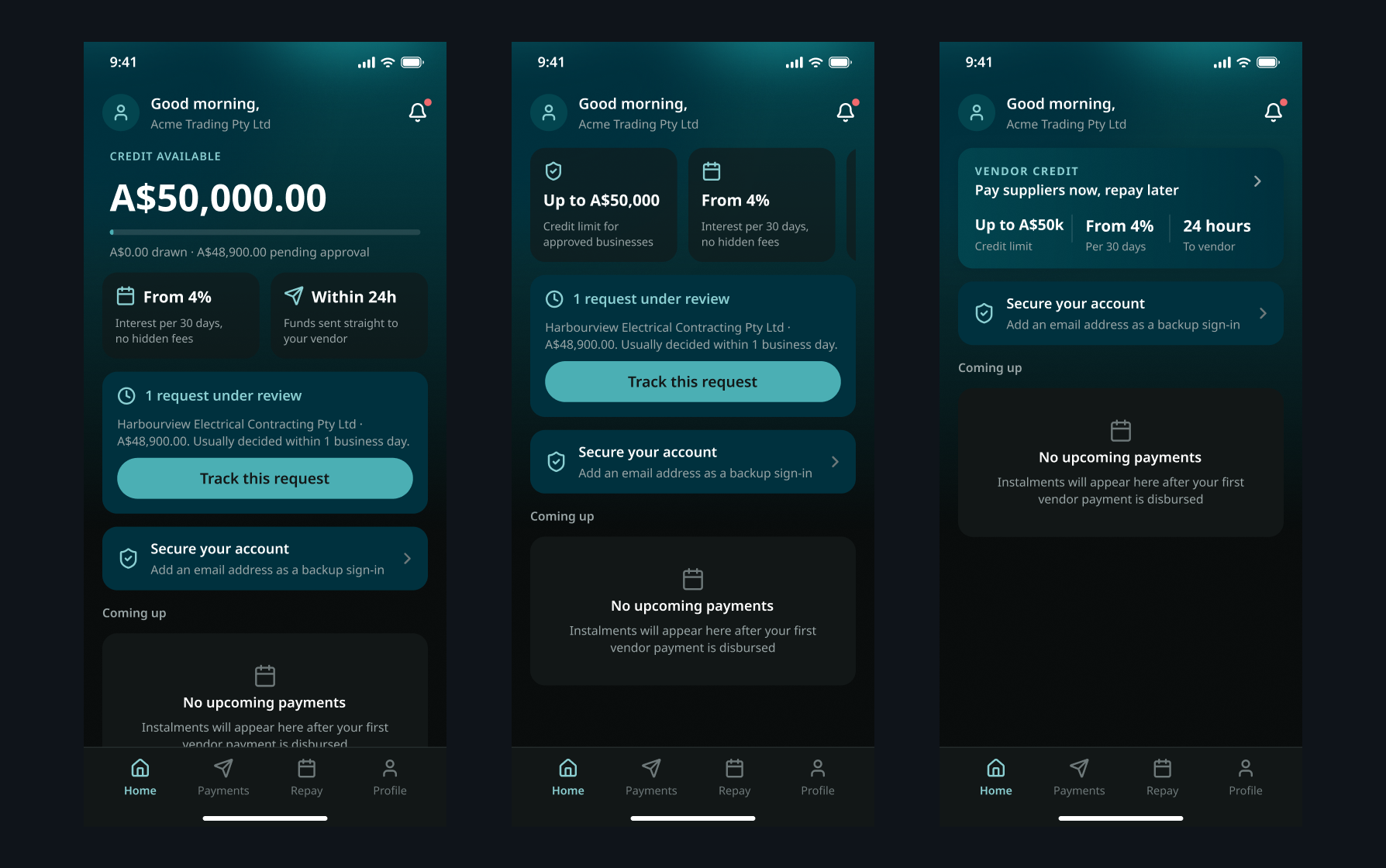 Three home-screen options side by side: a large available-credit figure with a drawn-down bar, two summary tiles, and a vendor-credit banner