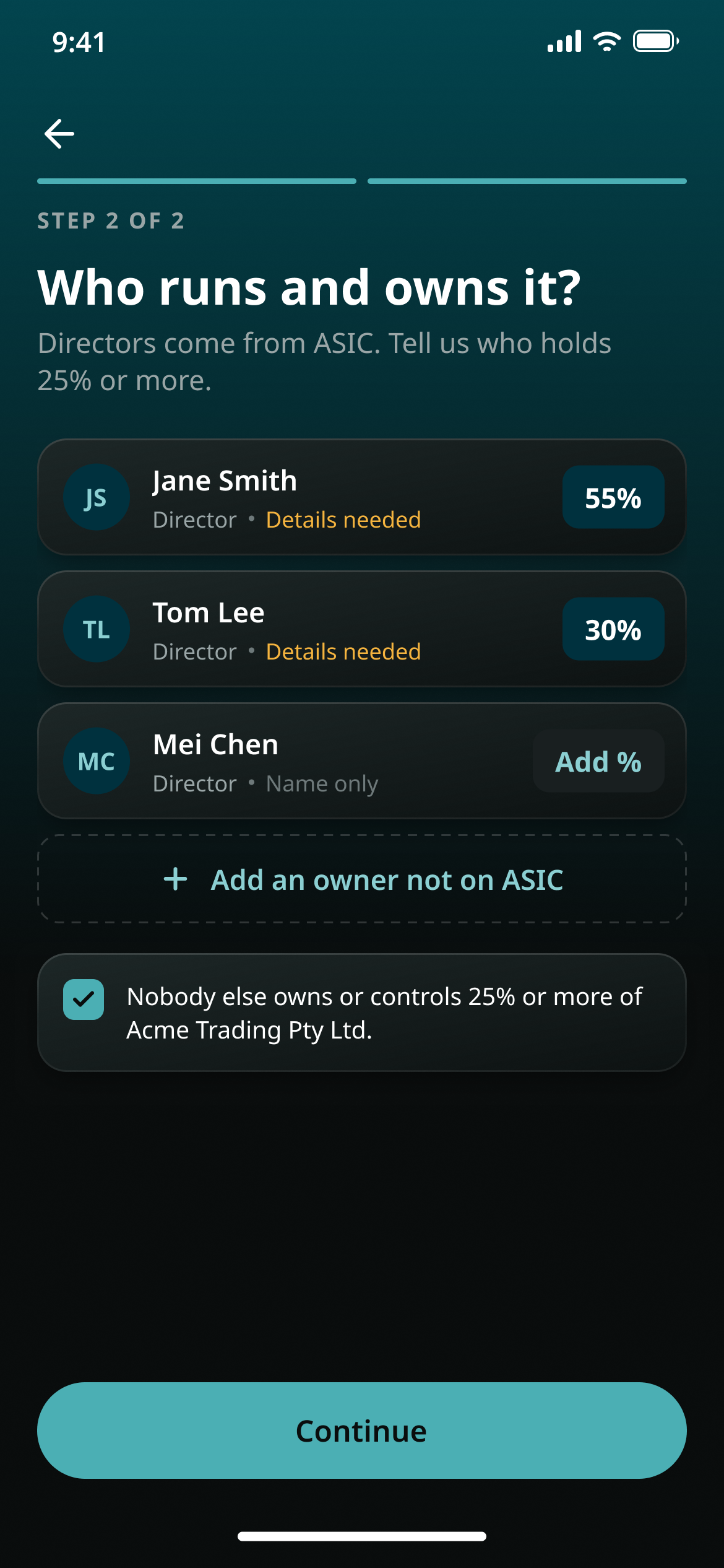 Who runs and owns it: directors pulled from ASIC, each with an ownership percentage, on one screen