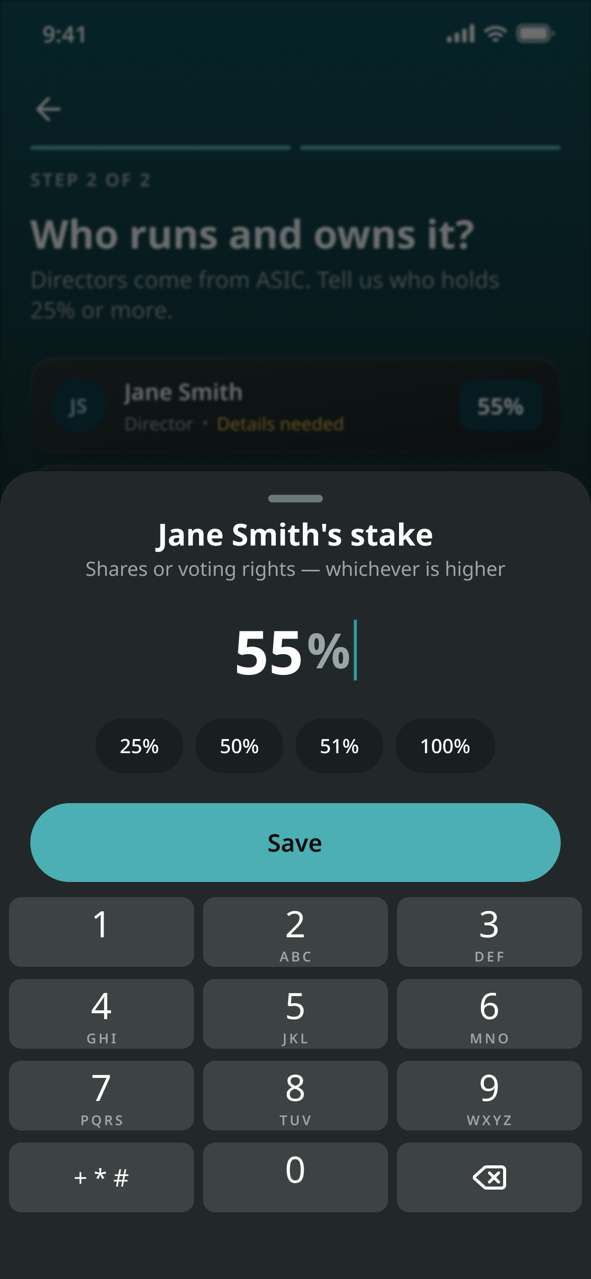 A bottom sheet asking for one person’s stake, with 25%, 50%, 51% and 100% shortcuts
