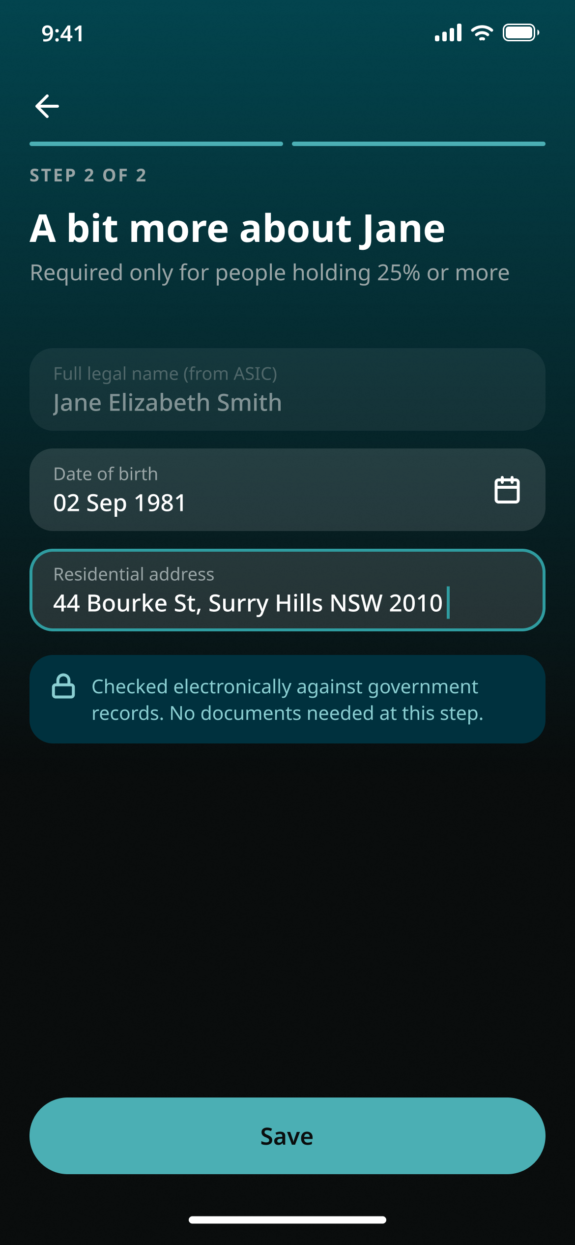 A bit more about Jane: date of birth and home address, required only for people holding 25% or more
