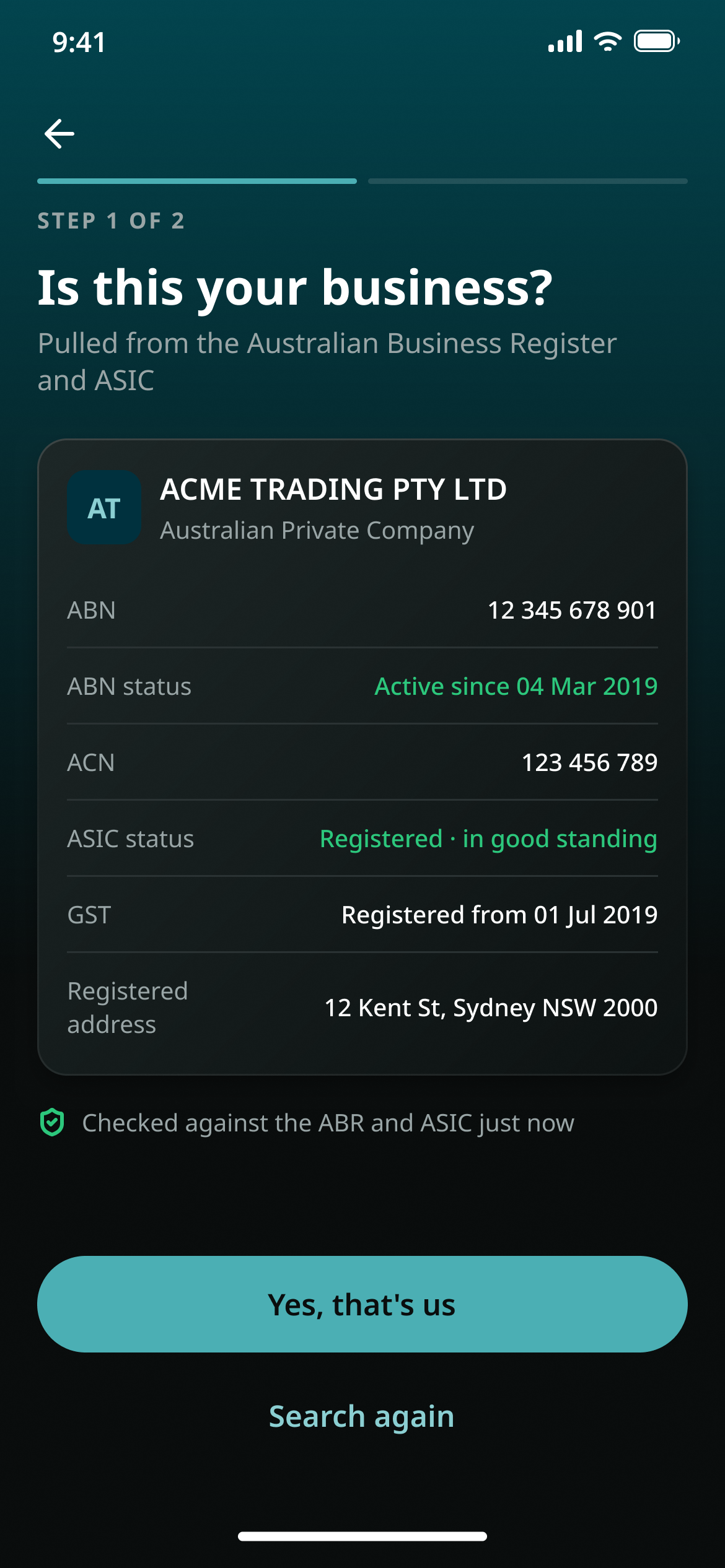 Is this your business? The company card lists the ABN status and the ASIC status side by side