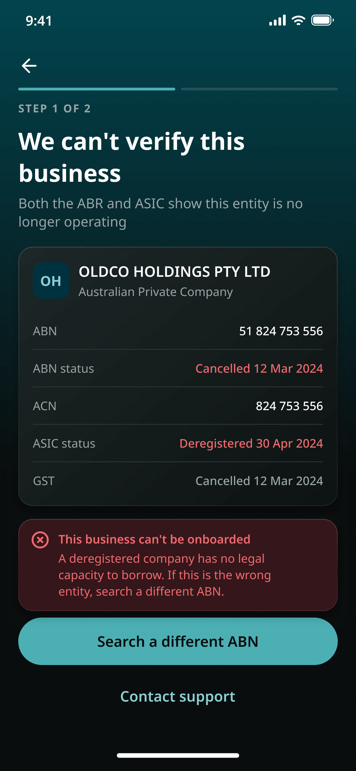 We can’t verify this business: both registers show the company is no longer operating, and the flow stops with an explanation
