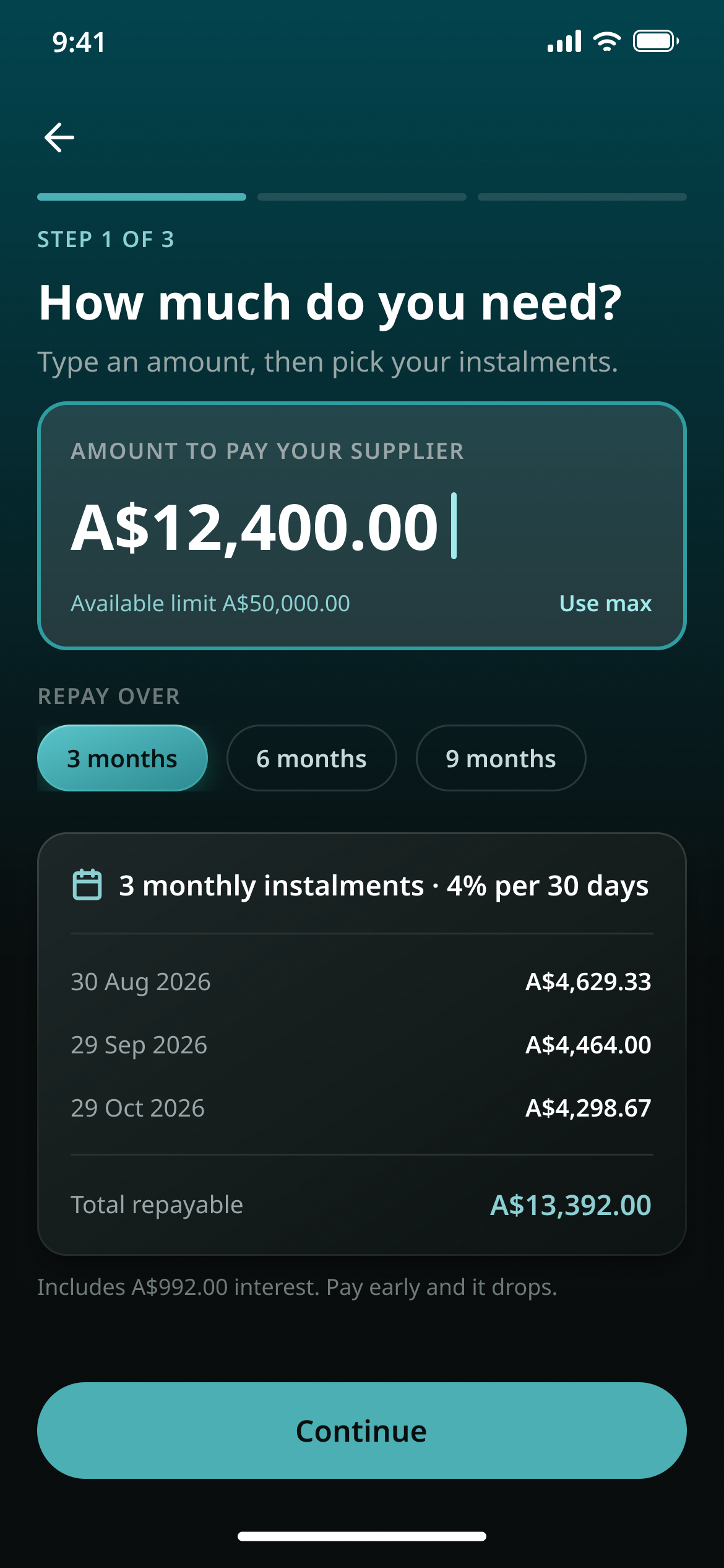 How much do you need? An amount, a 3 / 6 / 9 month term picker, and the instalment schedule with the total repayable
