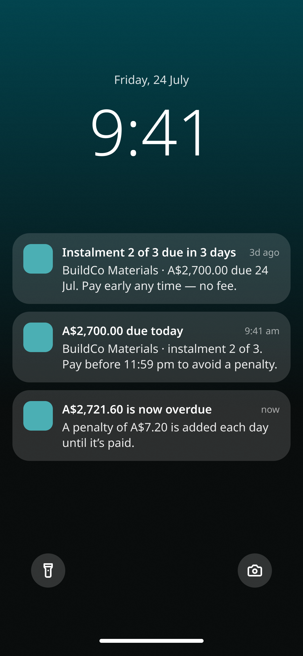 A phone lock screen with three notifications: an instalment due in three days, due today, and overdue