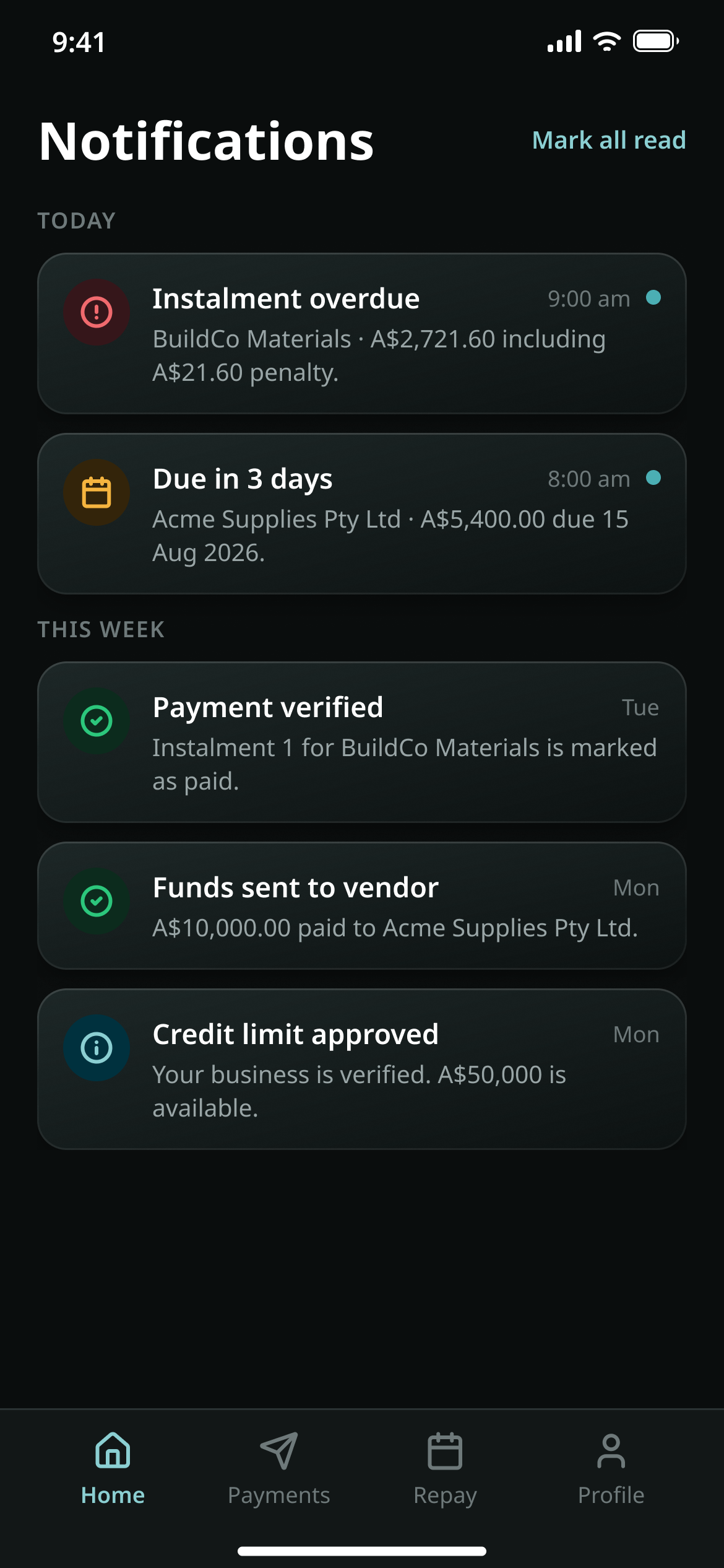 The notification centre: overdue, due soon, payment verified, funds sent to vendor, credit limit approved