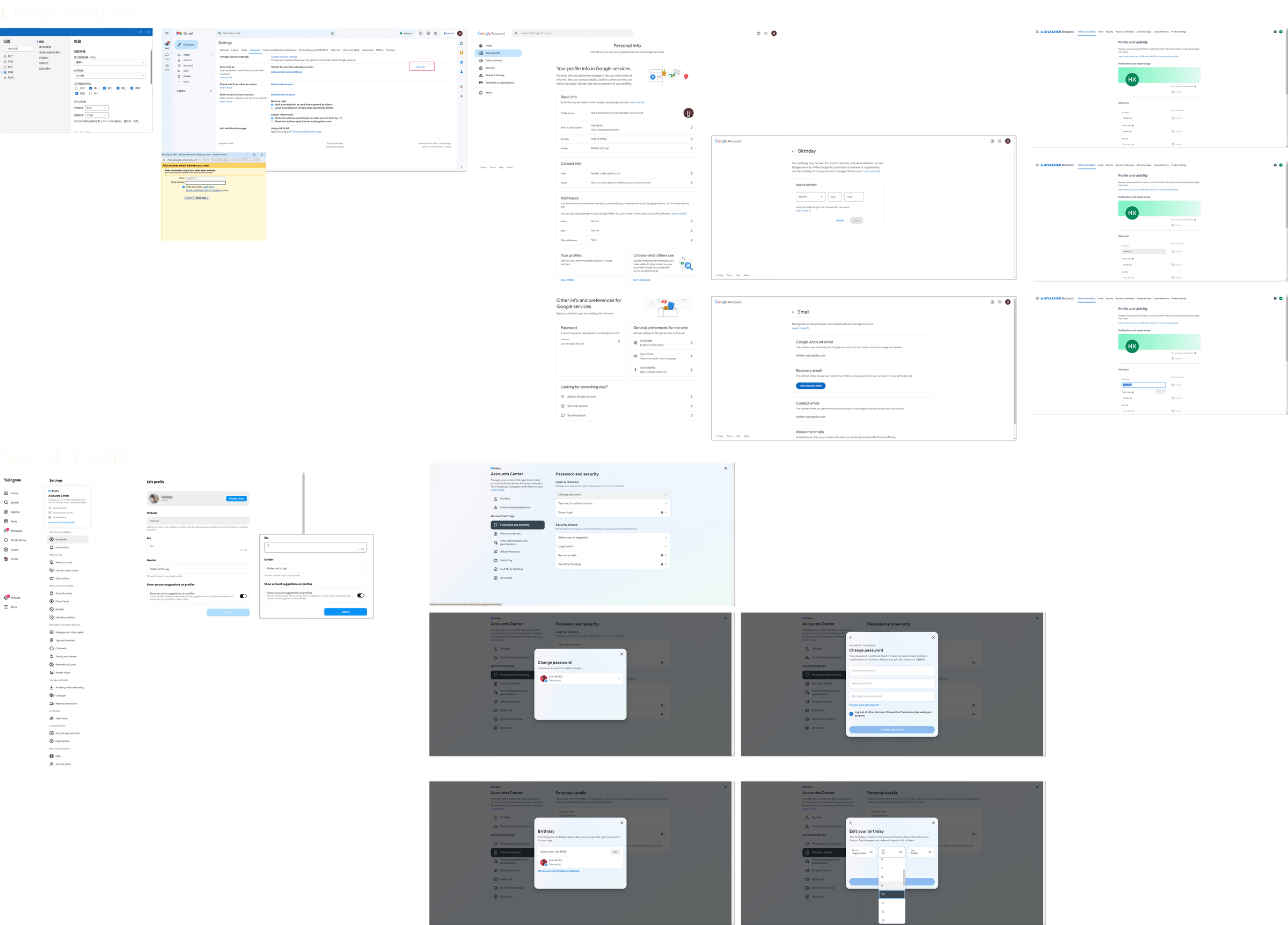 Competitive analysis board: account pages from other platforms, annotated