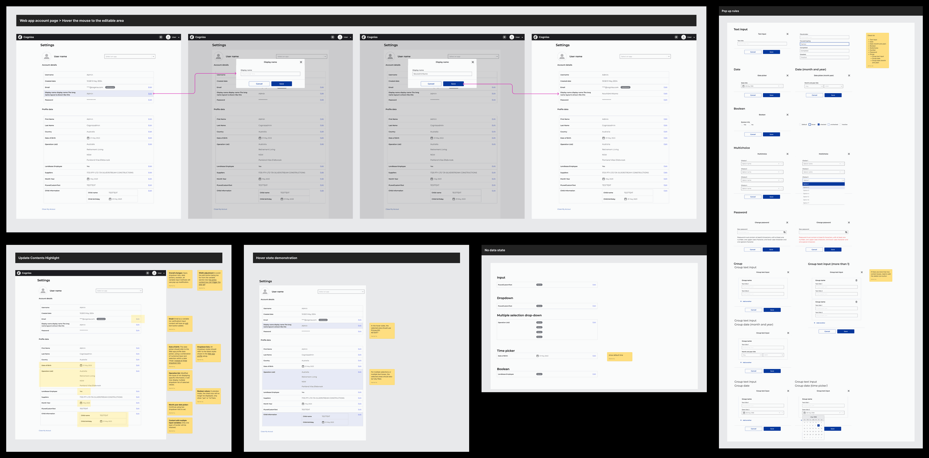 High-fidelity prototypes of the account page with modal dialogs, and the input states and validation rules beside them