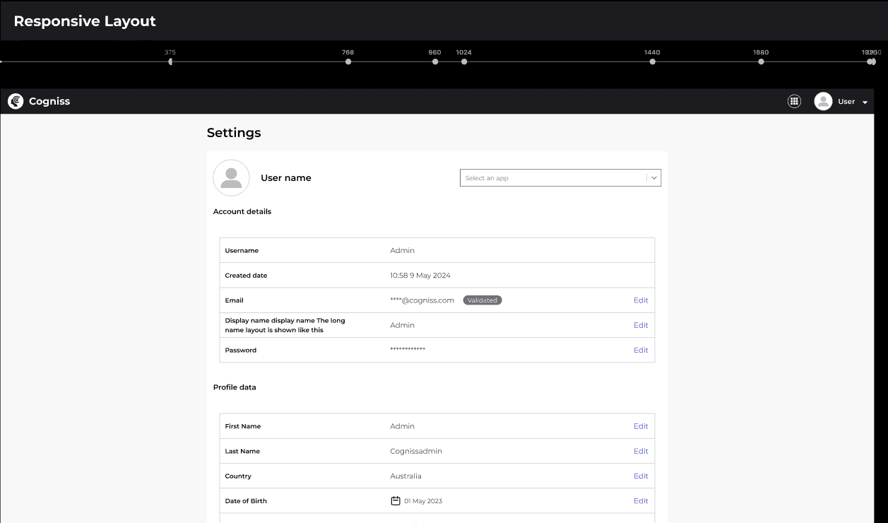 Responsive design requirements for the account page, desktop and mobile