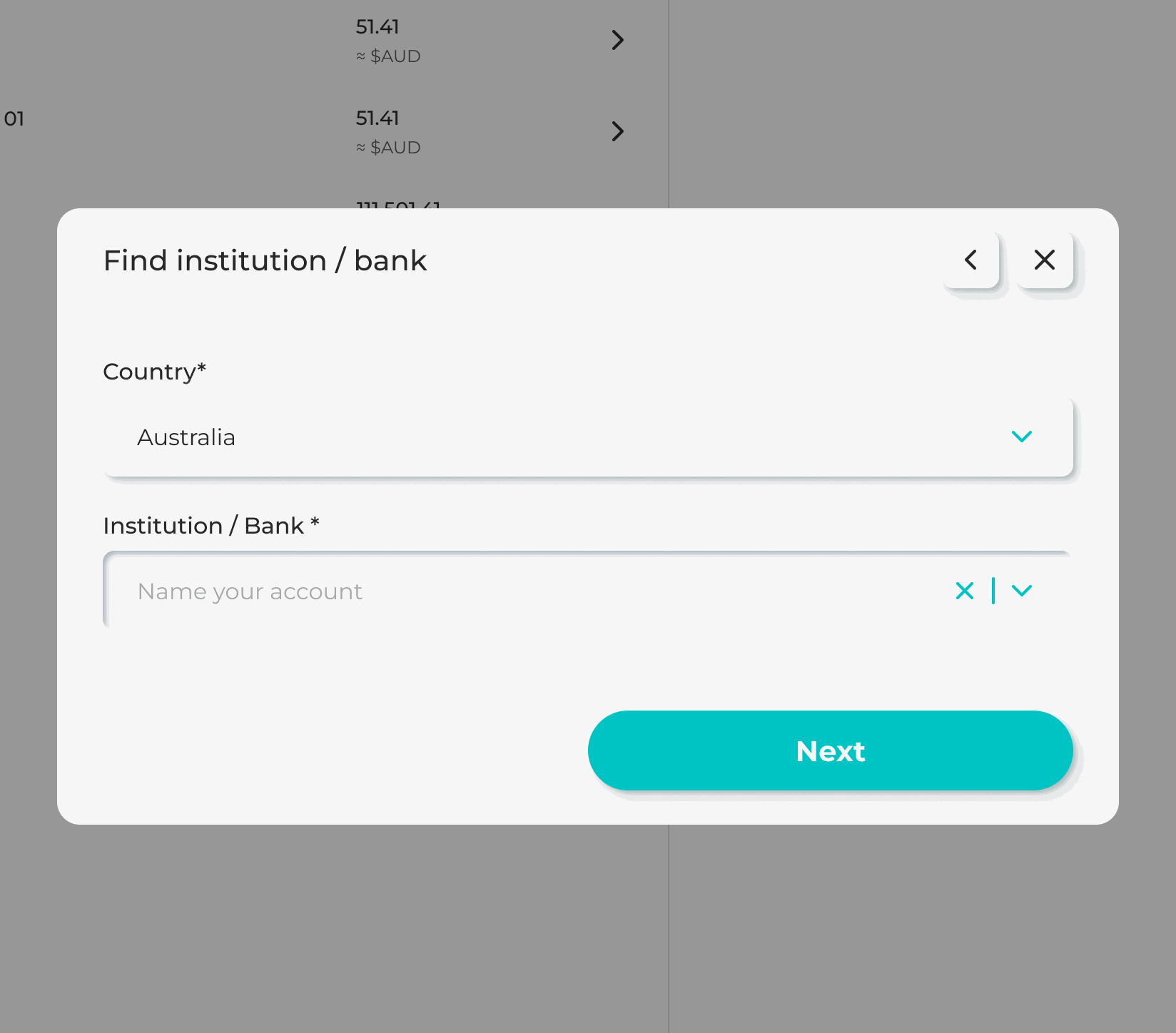 The old flow, first modal: Find institution / bank, with Country and Institution / Bank as two separate fields and a Next button