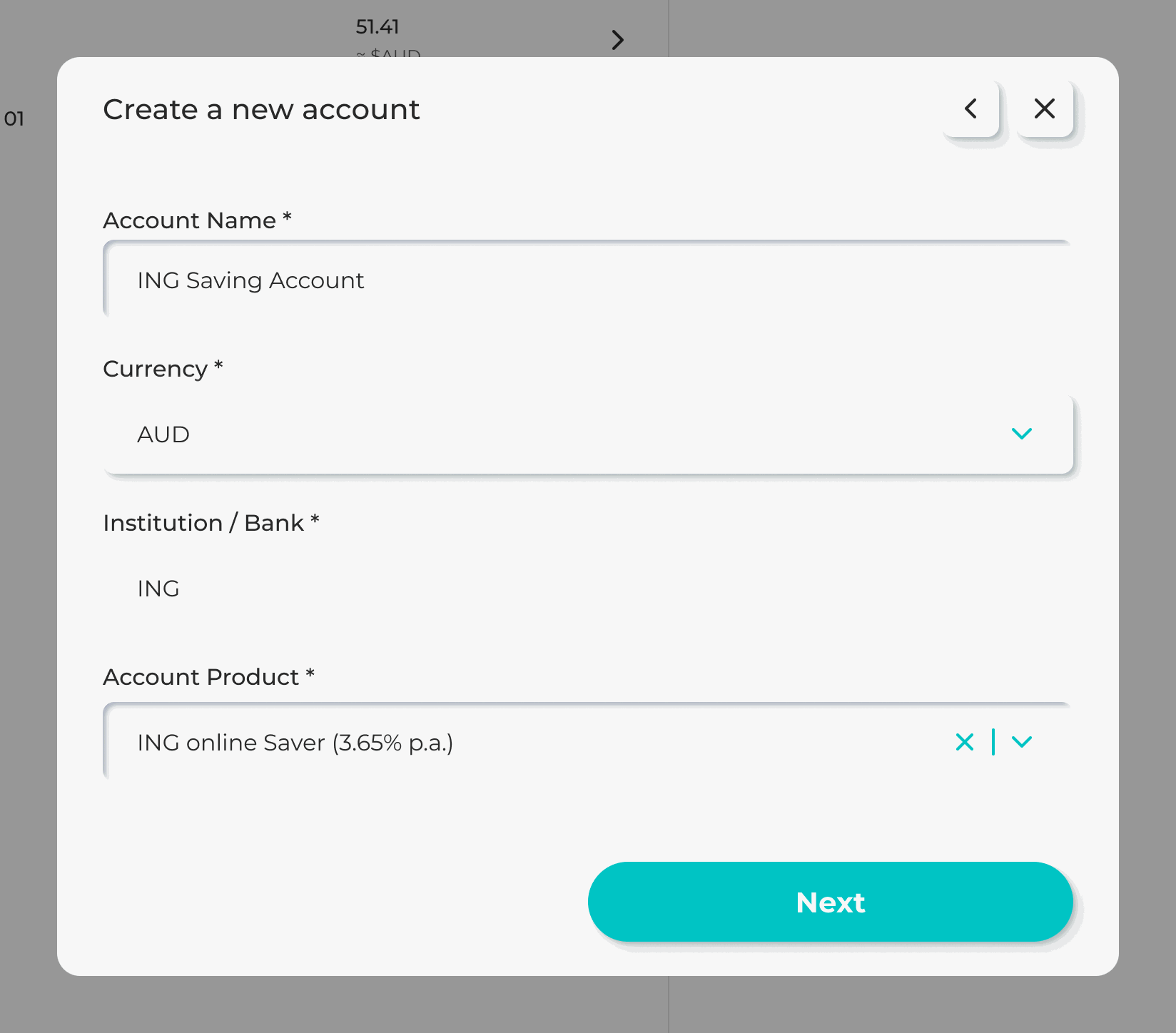 The old flow, second modal: Create a new account, with account name, currency, institution and account product