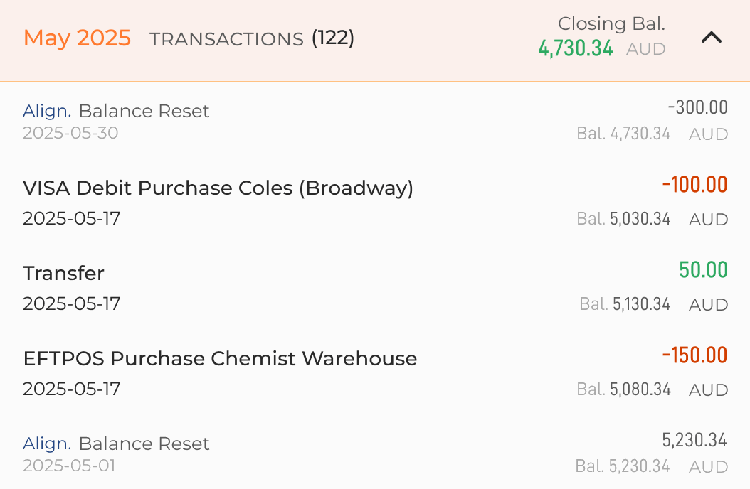The Past view's transactions for May 2025: two Align · Balance Reset rows keep the running balance in line with the balance entered