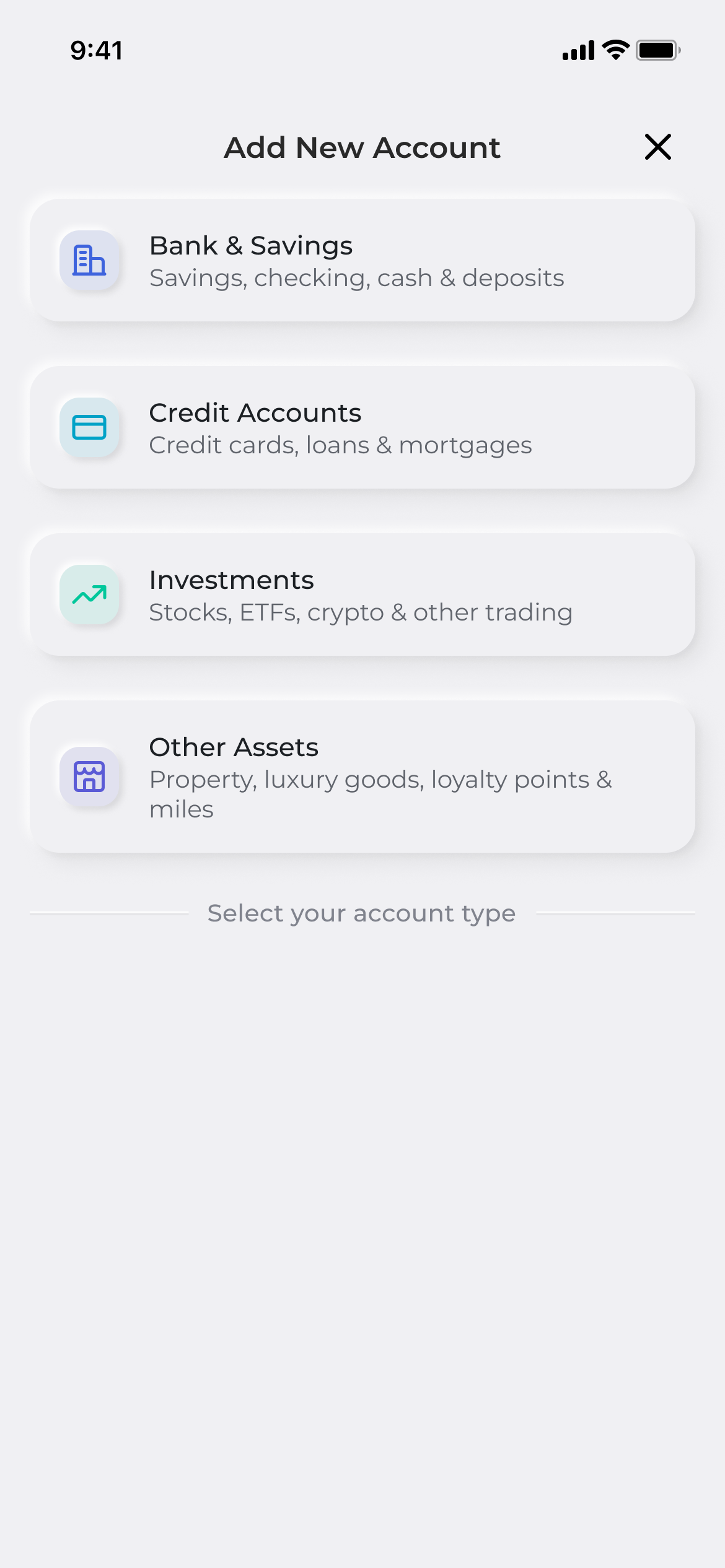 Step 1 of add account on a phone: choosing an account type