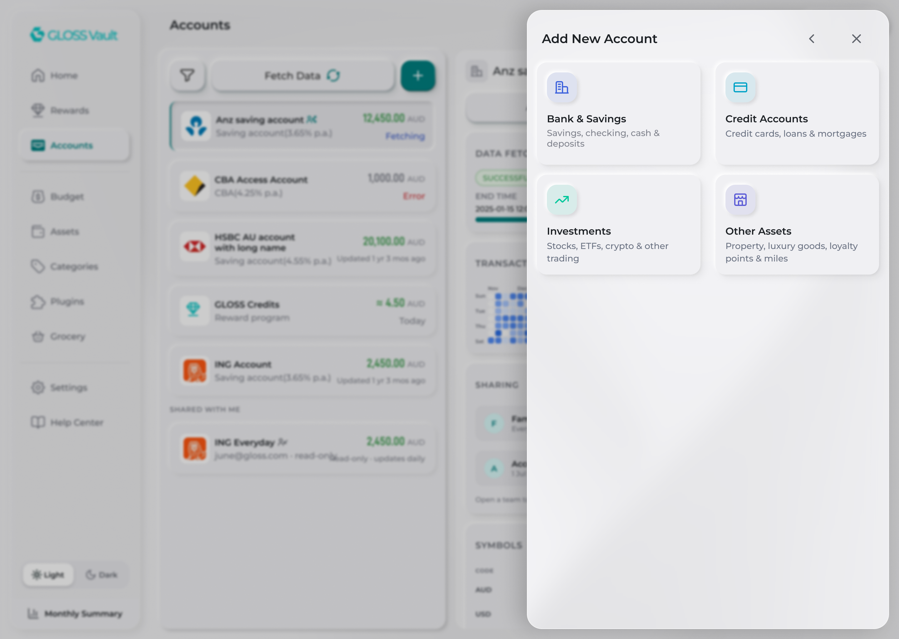 Add account, step 1: pick an account type, each explained with examples
