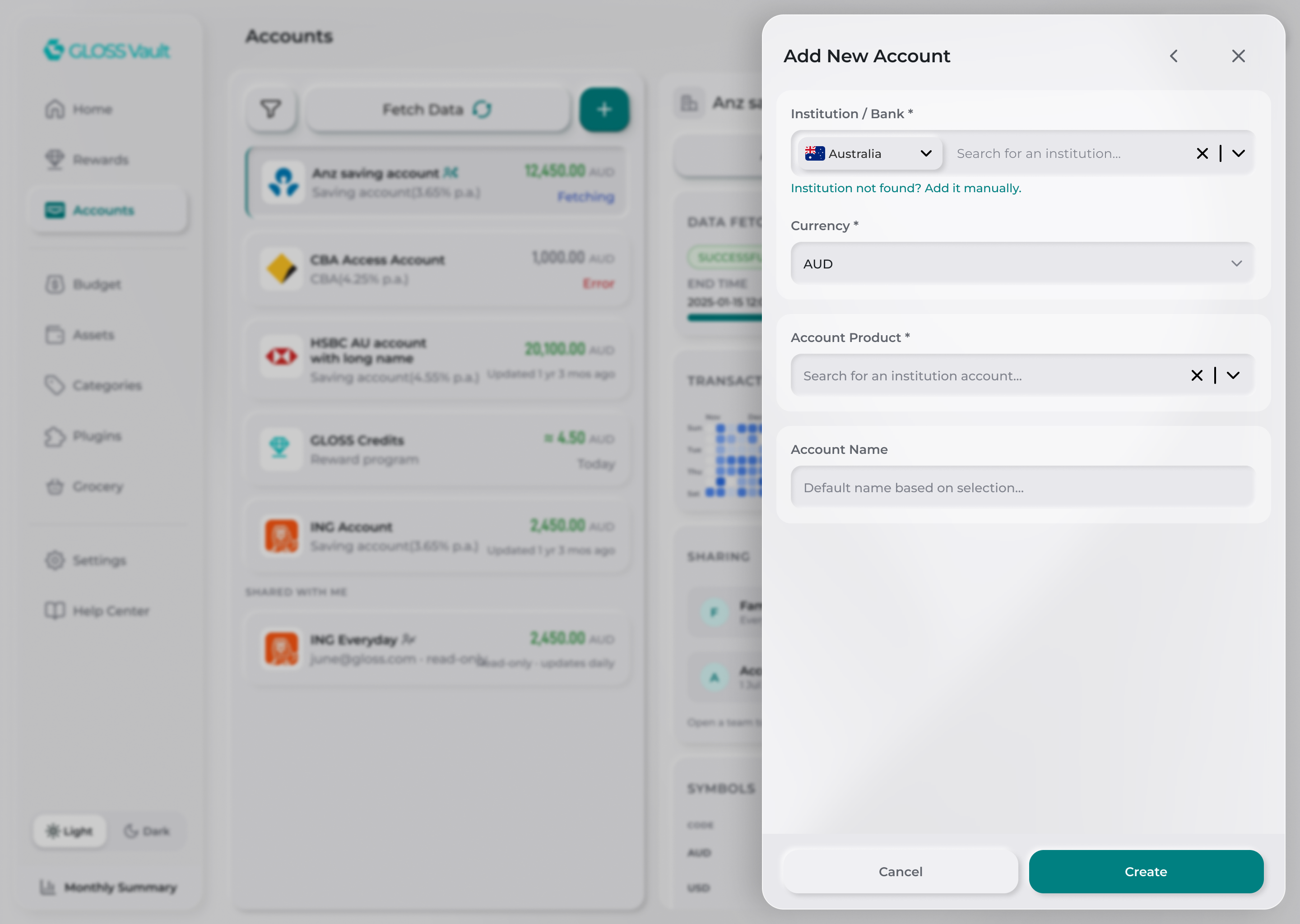 Add account, step 2: one side sheet, with the country picker inside the Institution / Bank search and a link to add a missing bank by hand