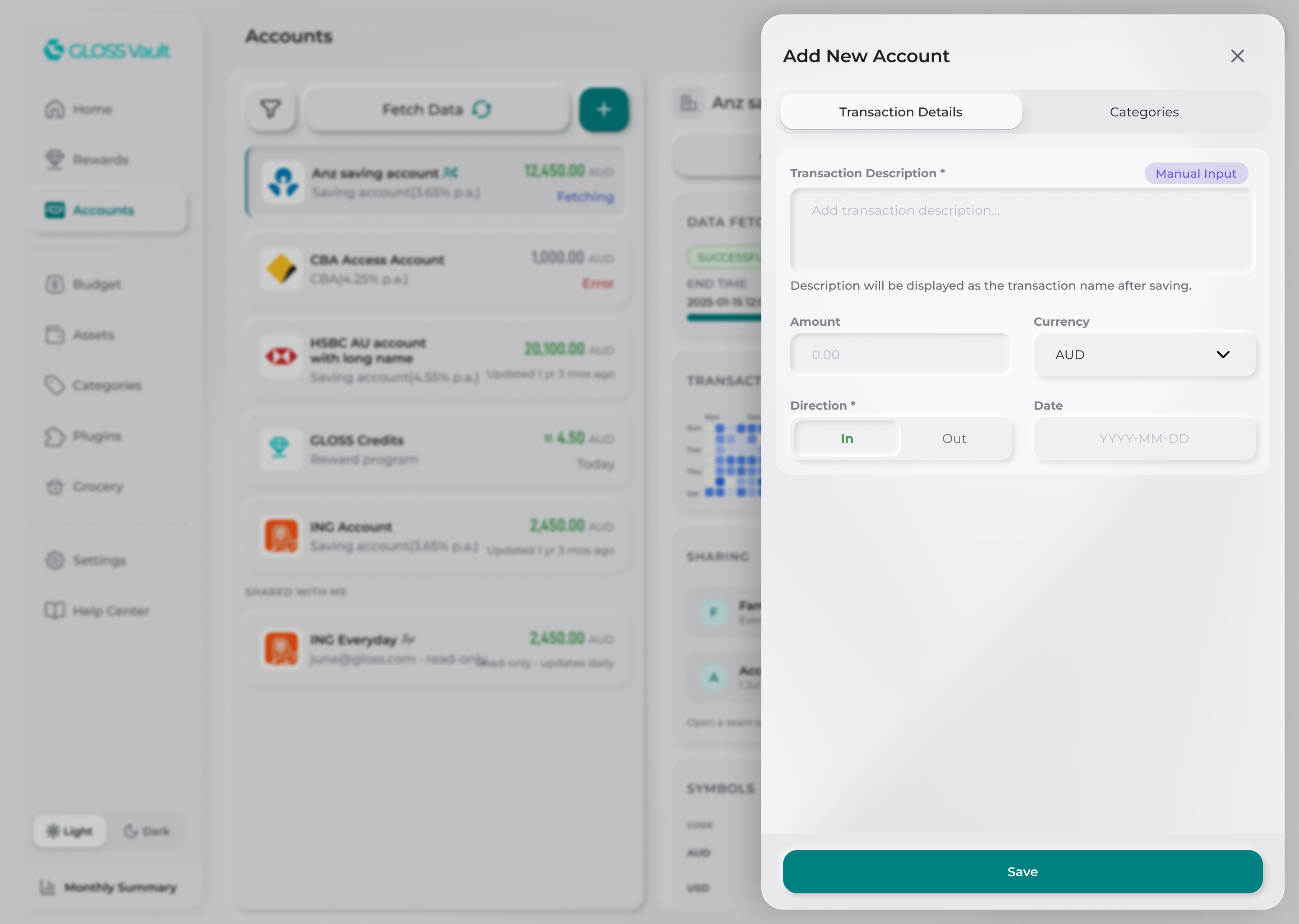 Add account, step 3: adding the first transactions