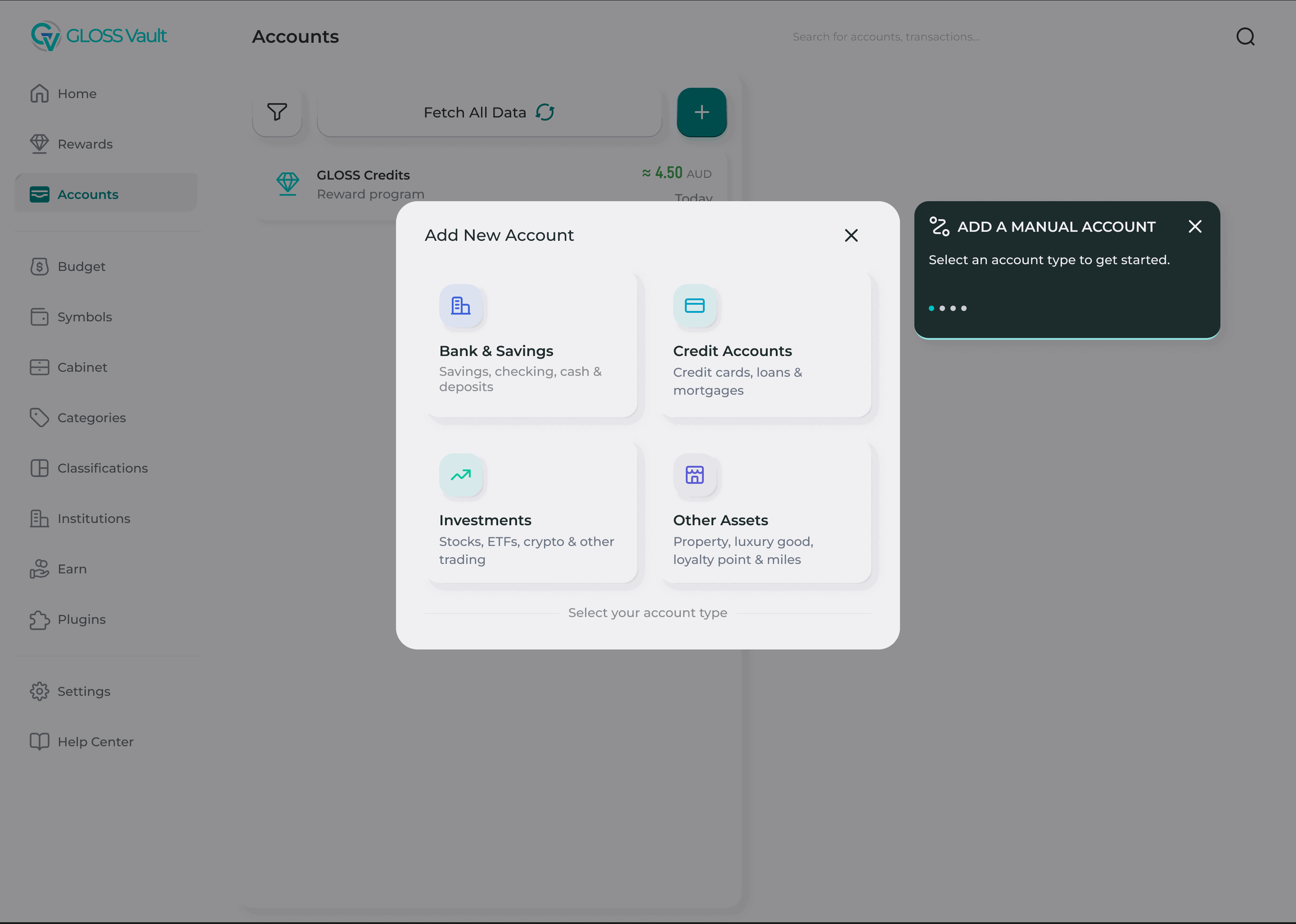 A coach mark beside the Add New Account dialog: Add a manual account, select an account type to get started, step 1 of 4
