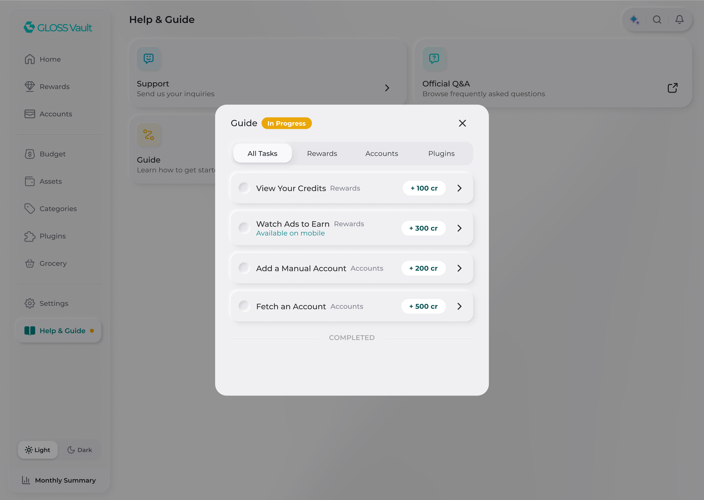 The Help & Guide task panel: four setup tasks, each with the GLOSS Credits it pays