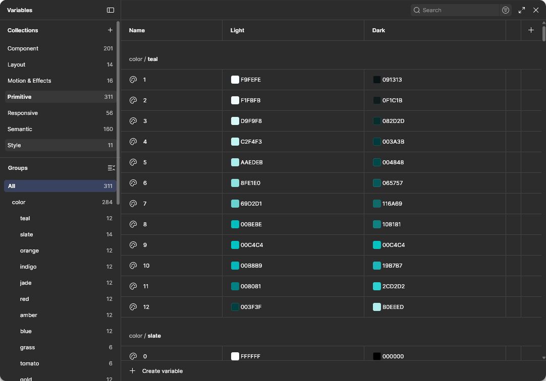 The Figma variables panel of the design system: collections on the left, the colour primitives with a Light and a Dark column
