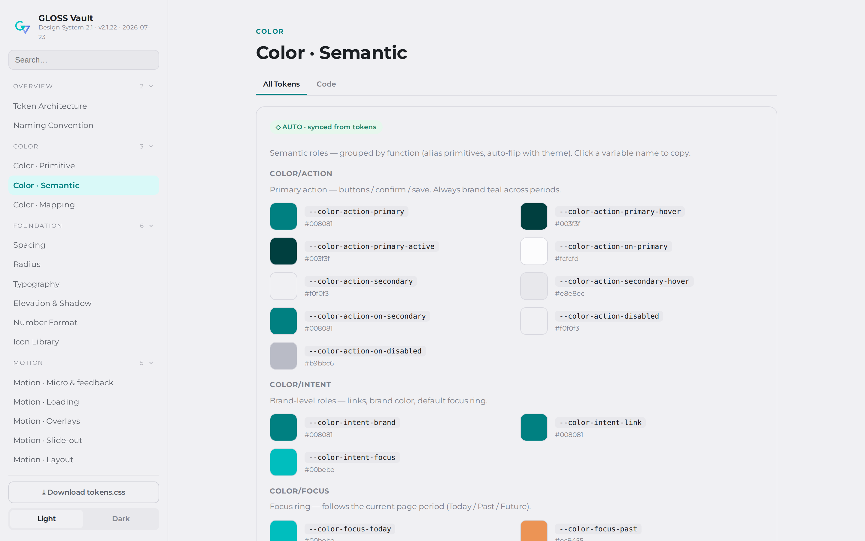 The design-system docs site: semantic colour roles