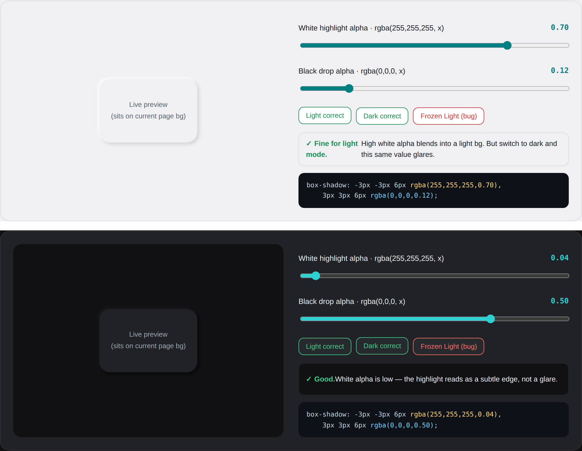 The interactive shadow lab from the handoff docs, in light mode above and dark mode below
